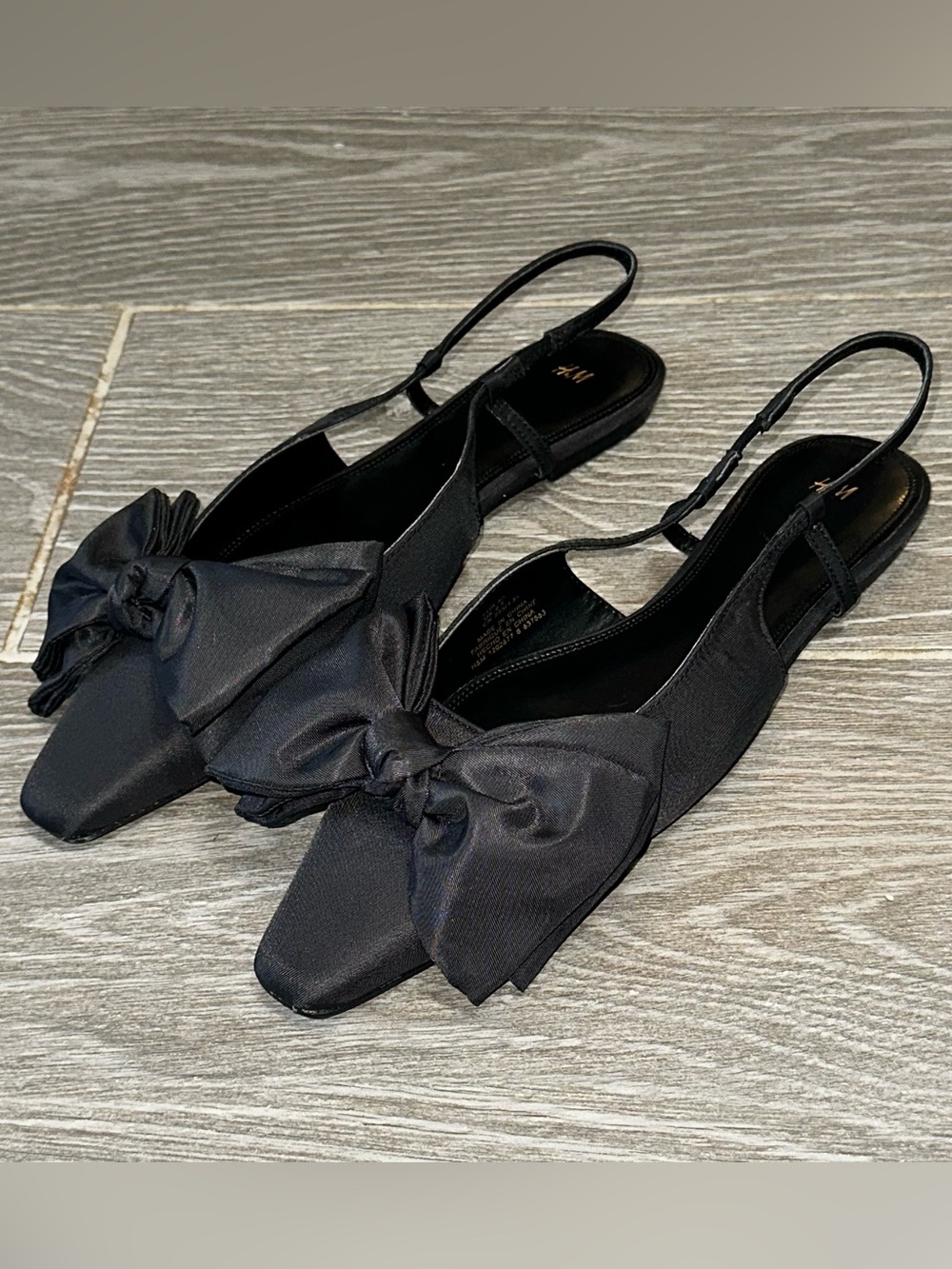H&M Black Satin Women's 8.5 Slingback Pointed Toe Flats Ankle Strap Bow Shoes